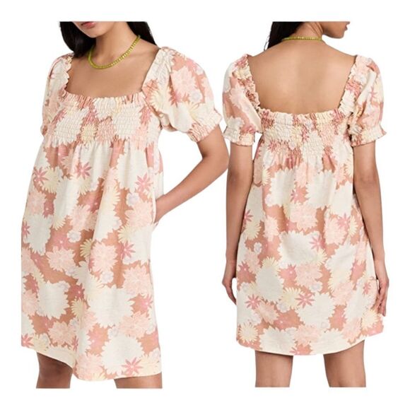Faherty Ramona Floral Smocked Mini Dress in Warm Jicaro Color - Picture 1 of 10